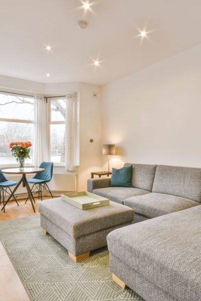 Comfortable armchairs and couch placed near lamps and shelf with TV and dining zone with kitchen against window in modern living room